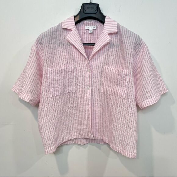 TopShop Seersucker PJ Shirt Pink Lightweight M Seersucker Short Sleeves Tees - Picture 3 of 11